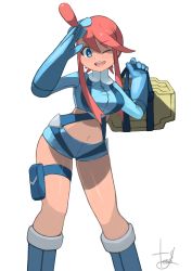Rule 34 | absurdres, bag, blue eyes, boots, breasts, bright pupils, creatures (company), game freak, gloves, highres, holding, holding bag, holding hands, holster, midriff, navel, nintendo, one eye closed, open mouth, pokemon, pokemon bw, pouch, red hair, shorts, simple background, skyla (pokemon), solo, tesshii (riza4828), thigh holster, thigh pouch, thigh strap, turtleneck, white background