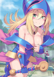 Rule 34 | 1girl, bare shoulders, blonde hair, blue headwear, blush stickers, breasts, cleavage, closed mouth, dark magician girl, duel monster, green eyes, hair between eyes, hat, holding, holding staff, konami-kun, large breasts, long hair, looking at viewer, pentacle, shiseki hirame, smile, staff, thighs, wizard hat, yu-gi-oh!, yu-gi-oh! duel monsters, yu-gi-oh! master duel