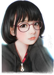 Rule 34 | 1girl, black hair, brown eyes, face, glasses, highres, lips, looking at viewer, original, randy (awesomevillage), realistic, short hair, simple background, solo, white background, zipper pull tab