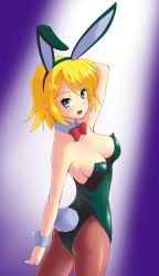 Rule 34 | 1girl, animal ears, aq interactive, arcana heart, ass, atlus, bare shoulders, blonde hair, blue eyes, blush, breasts, dorothy albright, examu, fake animal ears, gradient background, kasabou, leotard, looking at viewer, looking back, playboy bunny, rabbit ears, rabbit tail, shiny clothes, shiny skin, short hair, smile, solo, tail, wrist cuffs