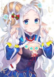 Rule 34 | 1girl, animal ears, blue eyes, blue flower, blue skirt, bow, braid, braided bangs, breasts, cleavage, closed mouth, commentary request, curled horns, flower, forehead, fur-trimmed sleeves, fur trim, hair bow, hand up, highres, holding, holding own hair, horns, long hair, long sleeves, medium breasts, omelet tomato, original, puffy long sleeves, puffy sleeves, red bow, red ribbon, ribbon, sheep ears, sheep horns, shrug (clothing), silver hair, skirt, smile, snowflake background, solo, very long hair, white background