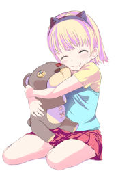 Rule 34 | 1girl, ^ ^, annie (league of legends), blonde hair, blush, closed eyes, hairband, league of legends, onomachi (ted), red skirt, short hair, simple background, skirt, smile, solo, stuffed animal, stuffed toy, teddy bear, white background