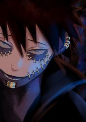 Rule 34 | 1boy, absurdres, black hair, blue eyes, boku no hero academia, burn scar, close-up, commentary request, dabi (boku no hero academia), earrings, highres, hyakki non, jewelry, looking at viewer, lower teeth only, male focus, open mouth, piercing, scar, short hair, solo, spiked hair, teeth