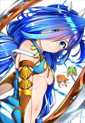 Rule 34 | 3girls, blue eyes, blue hair, breasts, character name, chibi, chibi inset, closed mouth, dana (ys), dual wielding, frown, grey hairband, hair between eyes, hairband, holding, kredorf, laxia (ys), long hair, multiple girls, navel, ricotta (ys), simple background, skindentation, small breasts, solo focus, spiked hairband, spikes, split mouth, sword, tassel, twintails, underboob, very long hair, weapon, white background, ys, ys viii lacrimosa of dana