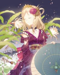 Rule 34 | 10s, 1girl, beads, blonde hair, blue umbrella, blurry, blurry background, braid, breasts, choker, cleavage, closed eyes, collarbone, cowboy shot, depth of field, detached sleeves, fish hair ornament, flower, frills, hair beads, hair flower, hair ornament, hair rings, hairpin, highres, japanese clothes, kimono, lily pad, love live!, love live! school idol festival, love live! sunshine!!, moying (lolifs), obi, ohara mari, oil-paper umbrella, petals, red flower, sash, small breasts, smelling flower, smile, solo, striped clothes, striped kimono, tassel, tiara, umbrella, white flower, wide sleeves