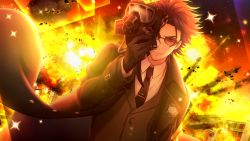 Rule 34 | &gt;:), 1boy, alternate costume, black gloves, black necktie, coat, dutch angle, explosion, fire, formal, game cg, gas mask, gloves, highres, holding, kiseru (senjuushi), male focus, mask, necktie, non-web source, official art, outdoors, purple hair, curtained hair, senjuushi: the thousand noble musketeers, senjuushi (series), short hair, smirk, solo, spiked hair, suit, sunglasses, wind, wind lift