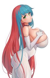 Rule 34 | 1girl, ajidot, arched back, bare shoulders, blue hair, breasts, choker, covered erect nipples, cowboy shot, deep skin, dress, earrings, elbow gloves, from side, gloves, green eyes, hands on own chest, hands up, highres, huge breasts, impossible clothes, jewelry, last origin, leaning forward, long hair, looking at viewer, looking to the side, multicolored hair, neodym, red hair, sideways glance, simple background, solo, straight hair, strapless, strapless dress, swept bangs, thick thighs, thighs, tight clothes, tight dress, two-tone hair, very long hair, white background, white dress, white gloves