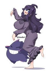 Rule 34 | 1girl, @ @, barefoot, breasts, creatures (company), feet, game freak, gen 1 pokemon, gengar, hairband, hex maniac (pokemon), huge breasts, nintendo, pokemon, pokemon (creature), pokemon xy, purple eyes, purple hair, purple hairband, simple background, solo, standing, standing on one leg, toudori, watermark, white background
