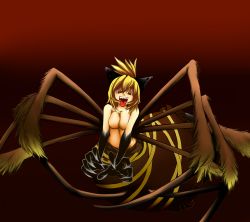 Rule 34 | 1girl, arachne, arthropod girl, bad id, bad pixiv id, blonde hair, bow, breasts squeezed together, breasts, bug, female focus, hair bow, hairy legs, insect girl, kurodani yamame, large breasts, monster girl, multiple legs, navel, no nipples, nude, open mouth, red eyes, solo, spider, spider girl, taur, teeth, touhou, ueda katsuhito