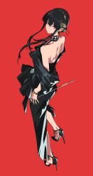 Rule 34 | 1girl, absurdres, bare shoulders, black dress, black footwear, black hair, bracelet, chinese commentary, commentary request, dagger, dahe z, dress, earrings, from above, full body, hairband, high heels, highres, holding, holding weapon, jewelry, knife, looking back, red background, red eyes, short hair with long locks, shoulder blades, simple background, solo, spy x family, standing, stiletto (weapon), stiletto heels, weapon, yellow hairband, yor briar
