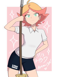 Rule 34 | 1girl, ahoge, amanda o&#039;neill, blonde hair, border, breasts, broom, closed mouth, collared shirt, contrapposto, cowboy shot, dated, diooksan, green eyes, hand on own hip, happy birthday, heart, highres, holding, holding broom, little witch academia, looking at viewer, multicolored hair, oksandio, pink hair, shirt, short hair, short shorts, short sleeves, shorts, small breasts, smile, solo, two-tone hair, white border, white shirt