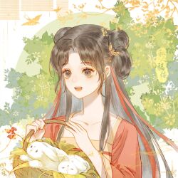 Rule 34 | 1girl, bad source, black hair, brown hair, chinese clothes, double bun, dress, flower, guoshizhou, hair bun, hair ornament, hair rings, hanfu, highres, holding, leaf, long hair, open mouth, original, qixiong ruqun, rabbit, ruqun, smile, solo, teeth, upper body