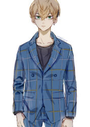 Rule 34 | 1boy, black shirt, blonde hair, closed mouth, commentary, cowboy shot, earrings, green eyes, hoop earrings, jacket, jewelry, lapels, long sleeves, looking at viewer, male focus, matsuno chifuyu, nori20170709, notched lapels, pants, plaid, plaid jacket, plaid pants, shirt, short hair, simple background, single earring, solo, symbol-only commentary, tokyo revengers, twitter username, white background