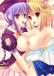 Rule 34 | 00s, 2girls, arcueid brunestud, bad id, bad pixiv id, bitter crown, blonde hair, blush, bow, braid, breast press, breasts, choker, crescent, hair ornament, hat, large breasts, long hair, melty blood, multiple girls, navel, nipples, nipples touching, open clothes, puffy sleeves, purple eyes, purple hair, red eyes, saliva, saliva trail, short hair, sion eltnam atlasia, skirt, symmetrical docking, tongue, tongue out, tsukihime, yuri