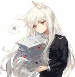 Rule 34 | 1girl, alternate costume, animal ear fluff, animal ears, arknights, black jacket, formal, highres, holding, holding paper, horse ears, jacket, long hair, looking at viewer, motion lines, paper, paper stack, platinum (arknights), shirt, simple background, solo, spacelongcat, spoken squiggle, squiggle, upper body, white background, white hair, white shirt, yellow eyes