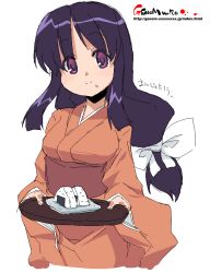 Rule 34 | food, japanese clothes, kimono, long hair, oekaki, onigiri, onija tarou, original, purple eyes, purple hair, smile, solo