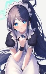 Rule 34 | 1girl, absurdly long hair, absurdres, apron, aris (blue archive), aris (maid) (blue archive), between legs, black hair, blue archive, blue eyes, blue ribbon, blush, bright pupils, commentary, halo, hand between legs, hand on own chest, highres, long hair, looking at viewer, maid, maid apron, maid headdress, neck ribbon, parted bangs, parted lips, ponytail, primamiya, puffy short sleeves, puffy sleeves, ribbon, ringed eyes, short sleeves, solo, very long hair, white apron, white pupils, wrist cuffs