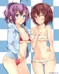 Rule 34 | 10s, 2girls, ahoge, aoba (kancolle), bikini, blue eyes, blush, breast envy, breasts, brown hair, checkered background, cleavage, furutaka (kancolle), heterochromia, hood, hoodie, kantai collection, looking at viewer, multiple girls, navel, open clothes, open hoodie, ponytail, purple hair, red eyes, sawamura aoi, short hair, small breasts, smile, swimsuit, tears, yellow eyes