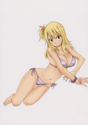 Rule 34 | 1girl, absurdres, artbook, bikini, black eyes, blonde hair, breasts, cleavage, color halftone, fairy tail, halterneck, highres, large breasts, looking at viewer, lucy heartfilia, mashima hiro, navel, official art, scan, shiny skin, side-tie bikini bottom, simple background, smile, solo, string bikini, striped bikini, striped clothes, swimsuit, white background