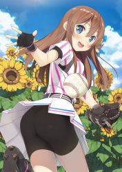 Rule 34 | 1girl, :d, arihara tsubasa, arm up, ass, ball, baseball, baseball glove, bike shorts, bike shorts under skirt, black bike shorts, black footwear, black gloves, black shorts, blue eyes, blush, boots, brown hair, cinderella series, cleats, cloud, commentary request, cowboy shot, fingerless gloves, flower, from behind, from below, gloves, hachigatsu no cinderella nine, hair between eyes, highres, layered clothes, leg up, long hair, looking at viewer, looking back, open mouth, outdoors, playing sports, running, shirt, shoe soles, short sleeves, shorts, shorts under skirt, skirt, sky, smile, solo, sportswear, standing, standing on one leg, striped clothes, striped shirt, studded footwear, sunflower, teeth, thighs, tsubure manjuu, upskirt, vertical-striped clothes, vertical-striped shirt, white shirt, white skirt, wind, wind lift