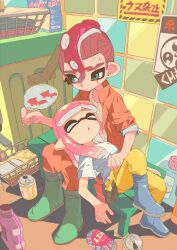 Rule 34 | 1boy, 1girl, absurdres, blue footwear, boots, bottle, can, closed eyes, commentary request, drink can, green footwear, hand fan, highres, holding, holding fan, indoors, inkling, inkling girl, inkling player character, jacket, long hair, mohawk, namazuoku, nintendo, octoling, octoling boy, octoling player character, orange jacket, pink hair, pointy ears, red hair, rubber boots, scar, scar across eye, shirt, short hair, sitting, soda can, splatoon (series), splatoon 3, sticker, sweat, tentacle hair, white shirt