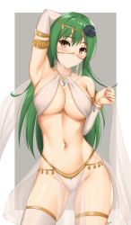 Rule 34 | 1girl, arcie albano, arm behind head, armlet, bracelet, breasts, circlet, commentary request, dancer, detached sleeves, flower, green hair, hair flower, hair ornament, harem outfit, highres, jewelry, long hair, looking at viewer, matsudaira motoyasu, medium breasts, mixed-language commentary, mouth veil, navel, oda nobuna no yabou, pelvic curtain, revealing clothes, see-through, shawl, solo, thighlet, veil, yellow eyes