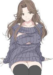 Rule 34 | 1girl, alternate costume, black thighhighs, blue dress, blue sweater, breasts, brown eyes, brown hair, covered erect nipples, cowboy shot, dress, hair intakes, highres, jintsuu (kancolle), kantai collection, ken (shutenndouji1), large breasts, long hair, ribbed dress, ribbed sweater, simple background, solo, sweater, thighhighs, white background