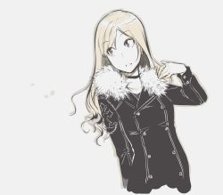 Rule 34 | 1girl, black coat, blonde hair, buttons, choker, coat, cosplay, cross, earrings, fur-trimmed coat, fur trim, grey background, hand up, highres, jewelry, long hair, looking back, looking to the side, multiple earrings, muted color, poaro, simple background, solo, squall leonhart, squall leonhart (cosplay), upper body, yellow eyes