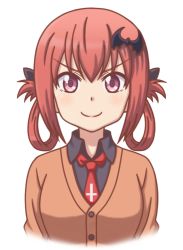 Rule 34 | 10s, 1girl, bat hair ornament, black shirt, blouse, closed mouth, collared shirt, gabriel dropout, hair ornament, hair rings, mugen ouka, necktie, red hair, red necktie, satanichia kurumizawa mcdowell, shirt, simple background, solo, upper body, v-shaped eyebrows, white background