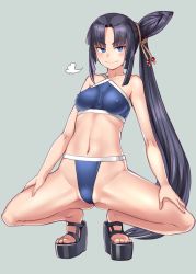 Rule 34 | 1girl, bikini, black hair, blue background, blue bikini, blue eyes, blush, bosshi, breasts, covered erect nipples, doyagao, eyeliner, fate/grand order, fate (series), full body, groin, hair ornament, highres, long hair, looking at viewer, makeup, medium breasts, navel, partially visible vulva, sandals, side ponytail, simple background, smile, smug, solo, spread legs, squatting, swimsuit, tiptoes, ushiwakamaru (fate), ushiwakamaru (fate/grand order), ushiwakamaru (swimsuit assassin) (fate), ushiwakamaru (swimsuit assassin) (first ascension) (fate), very long hair
