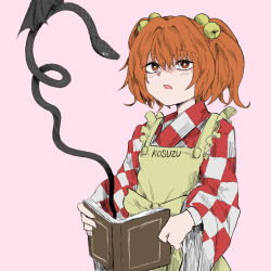 Rule 34 | 1girl, apron, bell, book, bright pupils, character name, checkered clothes, checkered kimono, fe (tetsu), flat chest, frills, hair between eyes, hair bobbles, hair intakes, hair ornament, holding, holding book, japanese clothes, jingle bell, kimono, long sleeves, motoori kosuzu, open book, open mouth, orange eyes, orange hair, pink background, simple background, solo, touhou, two side up, upper body, white pupils, wide sleeves