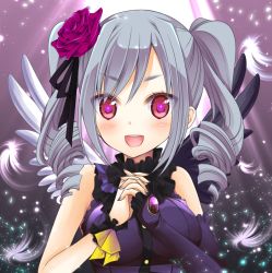 Rule 34 | 10s, 1girl, asymmetrical wings, bare shoulders, blush, drill hair, idolmaster, idolmaster cinderella girls, kanzaki ranko, long hair, looking at viewer, open mouth, own hands clasped, own hands together, red eyes, sakura hanatsumi, short hair, silver hair, smile, solo, twin drills, twintails, wings