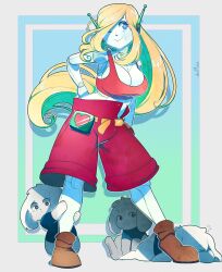 Rule 34 | 1girl, antennae, belt, blonde hair, blue eyes, blue pupils, blue shirt, breasts, cargo shorts, cleavage, closed mouth, colored skin, curly brace, dosh, doukutsu monogatari, full body, hand on own hip, heart, highres, holding, joints, large breasts, leaning forward, long hair, mechanical arms, midriff peek, mimiga, nervous, one eye closed, one eye covered, pale skin, pants, pouch, red pants, robot girl, robot joints, shirt, shoes, shorts, simple background, squeans, sleeping, smile, standing, tank top, white skin