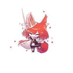 Rule 34 | 1girl, animal ears, arknights, arm up, armor, black skirt, chibi, closed eyes, ear covers, ear tag, earpiece, flametail (arknights), hand on own hip, highres, holding, holding sword, holding weapon, long hair, nazo no hana, petals, ponytail, red hair, simple background, single ear cover, skirt, solo, squirrel ears, squirrel girl, squirrel tail, sword, tail, weapon, white background