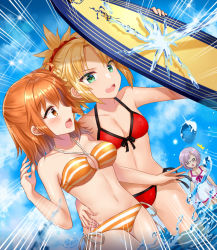 Rule 34 | 3girls, ^^^, ahoge, arm up, asymmetrical bangs, bare arms, bare legs, bare shoulders, bikini, blonde hair, blue sky, blush, breasts, cleavage, cleavage cutout, clothing cutout, cloud, collarbone, couple, day, dress, dutch angle, embarrassed, emphasis lines, eyes visible through hair, fate/grand order, fate (series), front-tie bikini top, front-tie top, fujimaru ritsuka (female), fujimaru ritsuka (female) (brilliant summer), glasses, green eyes, hair between eyes, hair ornament, hair scrunchie, halterneck, hand on another&#039;s hip, hand up, holding, holding surfboard, hug, jealous, legs, light purple hair, looking at another, mash kyrielight, mash kyrielight (swimsuit of perpetual summer), medium breasts, midriff, mordred (fate), mordred (fate/apocrypha), mordred (swimsuit rider) (first ascension) (fate), multiple girls, naomi (fantasia), navel, neck, o o, official alternate costume, open mouth, orange bikini, orange eyes, orange hair, outdoors, parted bangs, partially submerged, ponytail, protecting, red bikini, red scrunchie, round teeth, scrunchie, shade, short dress, short hair, shy, side-tie bikini bottom, side ponytail, sky, sleeveless, sleeveless dress, small breasts, soaking feet, splashing, standing, striped bikini, striped clothes, surfboard, surprised, swimsuit, teeth, type-moon, wading, water, white bikini, white dress, yuri