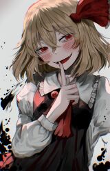 1girl absurdres ascot black_vest blonde_hair blush collared_shirt fangs hair_between_eyes hair_ribbon highres index_finger_raised long_sleeves open_mouth red_ascot red_eyes red_ribbon ribbon rin_(rin7kan7) rumia shirt short_hair smile solo touhou upper_body vest white_shirt