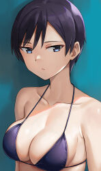 Rule 34 | 1girl, bikini, black bikini, black hair, blue eyes, blue hair, breasts, closed mouth, collarbone, commentary request, expressionless, hashi, looking at viewer, medium breasts, original, short hair, simple background, solo, swept bangs, swimsuit, tomboy, veins, veiny breasts