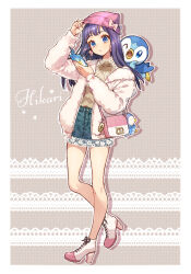 Rule 34 | 1girl, alternate costume, arm up, beanie, blue eyes, border, character doll, character name, commentary request, creatures (company), dawn (pokemon), earrings, eyelashes, full body, fur jacket, game freak, gen 4 pokemon, green skirt, hand up, hat, high heels, holding, holding phone, jacket, jewelry, knees, long hair, long sleeves, nintendo, on shoulder, open clothes, open jacket, phone, pink bag, piplup, pokemon, pokemon (anime), pokemon (creature), pokemon dppt (anime), pokemon on shoulder, purple hair, rotom, rotom phone, sasairebun, skirt, star (symbol), sweater, white border, white footwear, yellow sweater