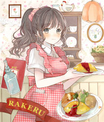 Rule 34 | 1girl, apron, basket, blush, book, bottle, brown eyes, brown hair, collared shirt, flower, food, gingham, gingham apron, hair ornament, hair scrunchie, holding, holding plate, long hair, looking at viewer, omelet, omurice, original, plate, ponytail, scrunchie, shirt, short sleeves, smile, solo, tententuyu