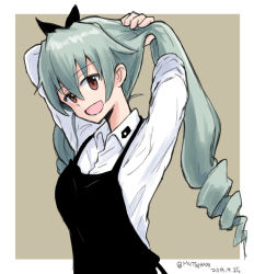Rule 34 | 1girl, adjusting hair, anchovy (girls und panzer), anzio school uniform, apron, black apron, black ribbon, brown background, commentary, dated, dress shirt, drill hair, girls und panzer, green hair, hair ribbon, hands in hair, head tilt, long hair, long sleeves, looking at viewer, mutsu (layergreen), no neckwear, one-hour drawing challenge, open mouth, red eyes, ribbon, school uniform, shirt, sleeves rolled up, smile, solo, standing, twin drills, twintails, twitter username, upper body, white shirt