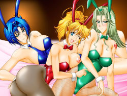 Rule 34 | 10s, 3girls, animal ears, arm support, armpits, ass, banpresto, bare shoulders, bed, blonde hair, blue eyes, blue hair, blush, bow, bowtie, breast press, breast slip, breasts, cleavage, excellen browning, fake animal ears, fishnet pantyhose, fishnets, green eyes, green hair, happy, lamia loveless, large breasts, legs, leotard, long hair, lying, multiple girls, mutsuya, necktie, nipples, one breast out, one eye closed, open mouth, pantyhose, playboy bunny, poking, ponytail, rabbit ears, short hair, shy, smile, super robot wars, super robot wars og the inspector, super robot wars original generation, super robot wars original generation 2, tattoo, viletta badam, viletta vadim, wink, wrist cuffs, yuri