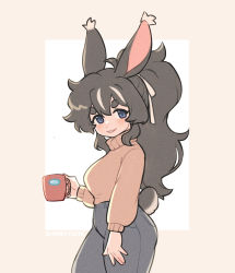 Rule 34 | 1girl, absurdres, among us, animal ears, black hair, blush, brown sweater, crewmate (among us), denim, highres, jeans, long hair, long sleeves, looking at viewer, multicolored hair, pants, parted lips, ponytail, rabbit ears, rabbit girl, rabbit tail, red (among us), sharktuna, smile, solo, sweater, tail, thick eyebrows, turtleneck, turtleneck sweater, white hair