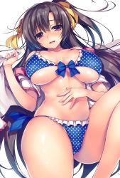 Rule 34 | 1girl, bikini, blue bikini, blush, breasts, breasts apart, brown hair, frilled bikini, frills, front-tie top, hair ribbon, hand on own stomach, highres, huge breasts, large breasts, leg lift, leg up, long hair, looking at viewer, lying, non-web source, off shoulder, on back, one side up, polka dot, polka dot bikini, polka dot swimsuit, purple eyes, ribbon, simple background, skindentation, smile, solo, string bikini, swimsuit, thighs, tomose shunsaku, very long hair, white background