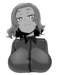 Rule 34 | 1girl, breasts, bright pupils, closed mouth, copyright request, dekosukentr, girls und panzer, greyscale, jacket, large breasts, looking at viewer, medium hair, monochrome, rosehip (girls und panzer), simple background, smile, smug, solo, white background, white pupils