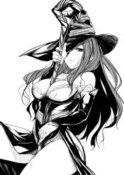 Rule 34 | 1girl, between breasts, breasts, cleavage, dragon&#039;s crown, dress, greyscale, hat, hat over one eye, hirama hirokazu, large breasts, long hair, looking at viewer, monochrome, na mizuumi, side slit, simple background, solo, sorceress (dragon&#039;s crown), staff, strapless, strapless dress, thighs, vanillaware, weapon, white background, witch hat