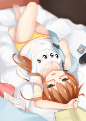Rule 34 | 10s, 1girl, arm up, bad id, bad pixiv id, bag of chips, bare legs, barefoot, bed sheet, blurry, blush, brown hair, clothes writing, collarbone, colored stripes, commentary request, depth of field, foreshortening, from behind, glasses, handheld game console, jitome, kantai collection, knee up, long hair, looking at viewer, lying, mochizuki (kancolle), ne an ito, no pants, on back, on bed, open mouth, panties, playstation vita, red-framed eyewear, semi-rimless eyewear, shirt, short sleeves, solo, striped clothes, striped panties, under-rim eyewear, underwear, upside-down, white shirt, yellow eyes