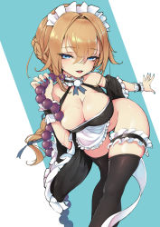 Rule 34 | 1girl, absurdres, anal beads, aqua nails, blue eyes, blush, bottomless, braid, breasts, ce201212010128, cleavage, gluteal fold, hair between eyes, highres, holding, holding plate, large breasts, lips, long hair, looking at viewer, maid headdress, nail polish, open mouth, original, plate, seductive smile, sex toy, single braid, smile, solo, thighhighs