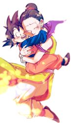 Rule 34 | 1boy, 1girl, black eyes, black hair, bracelet, cheek-to-cheek, chi-chi (dragon ball), chinese clothes, closed eyes, dougi, dragon ball, dragonball z, earrings, heads together, hetero, hug, jewelry, looking at another, mother and son, ochanoko (get9-sac), one eye closed, open mouth, simple background, smile, son goten, spiked hair, white background