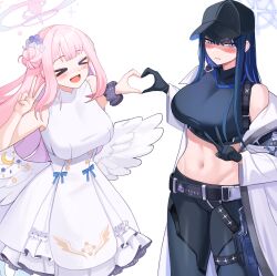 Rule 34 | &gt; &lt;, 2girls, :d, absurdres, angel wings, armband, baseball cap, blue archive, blue hair, blush, breasts, coat, crop top, ddog, dress, gloves, groin, hair bun, halo, hat, heart, heart hands, heart hands duo, highres, large breasts, looking at viewer, mika (blue archive), multiple girls, navel, open mouth, pink hair, saori (blue archive), scrunchie, simple background, single side bun, sleeveless, sleeveless dress, smile, stomach, v, white background, white coat, white wings, wings, wrist scrunchie, xd