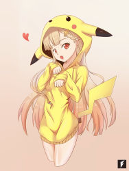 Rule 34 | 10s, 1girl, alternate color, braid, creatures (company), eyebrows, full body, game freak, gen 1 pokemon, hair ornament, heart, hood, hoodie, kantai collection, long hair, long sleeves, looking at viewer, nintendo, open mouth, pikachu, pokemon, pokemon (creature), simple background, solo, standing, tail, teng zhai zi, yuudachi (kancolle)